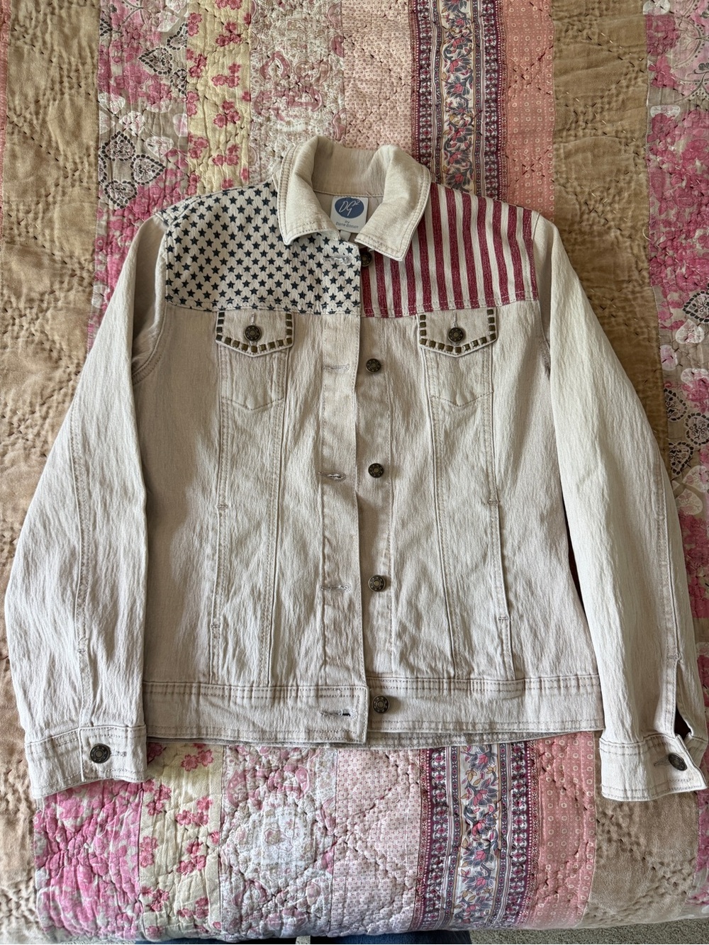 DG2 by Diane Gilman Cream Denim Jacket with Red and Navy Star-Stripe Accent